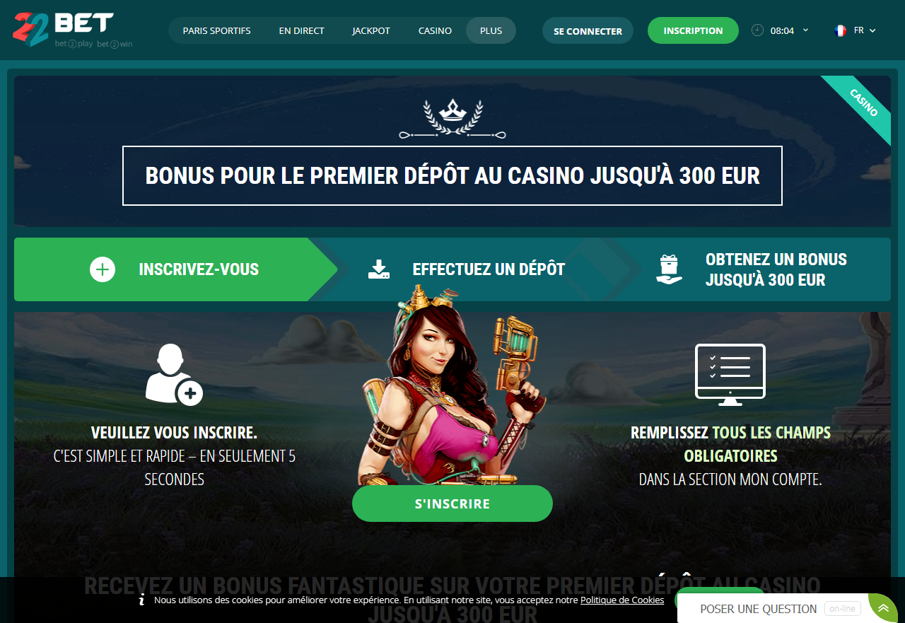 22Bet Bonus sur le premier dépôt au casino